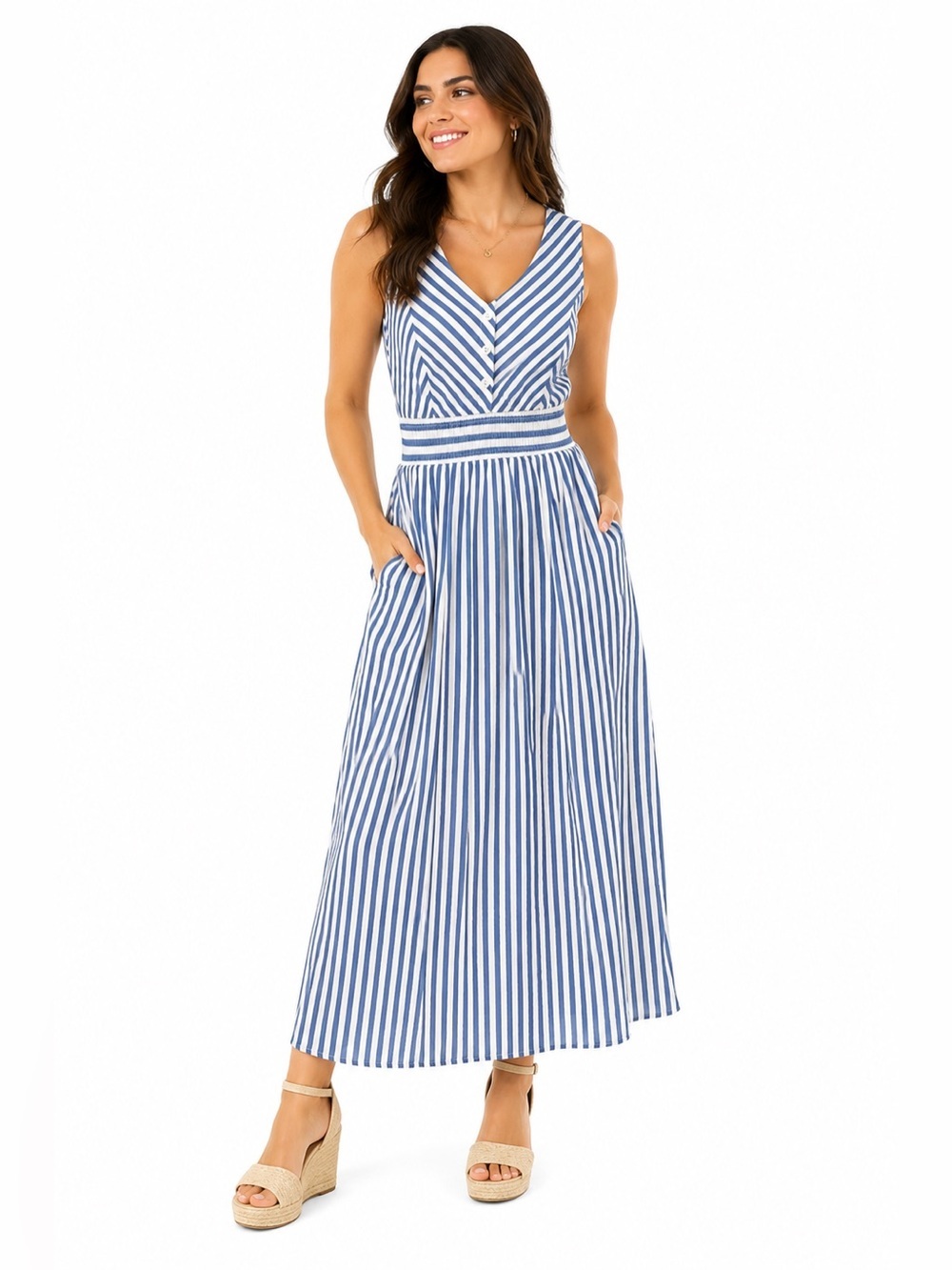 Northern Reflections Blue & White Striped V Neck Maxi Dress | XS | Pockets
